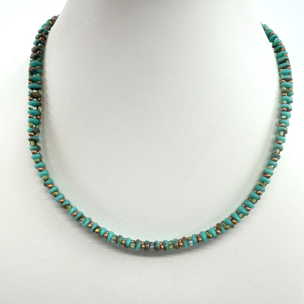 Vintage Boho Teal Glass Beaded Choker Necklace with Copper Accents Y2K